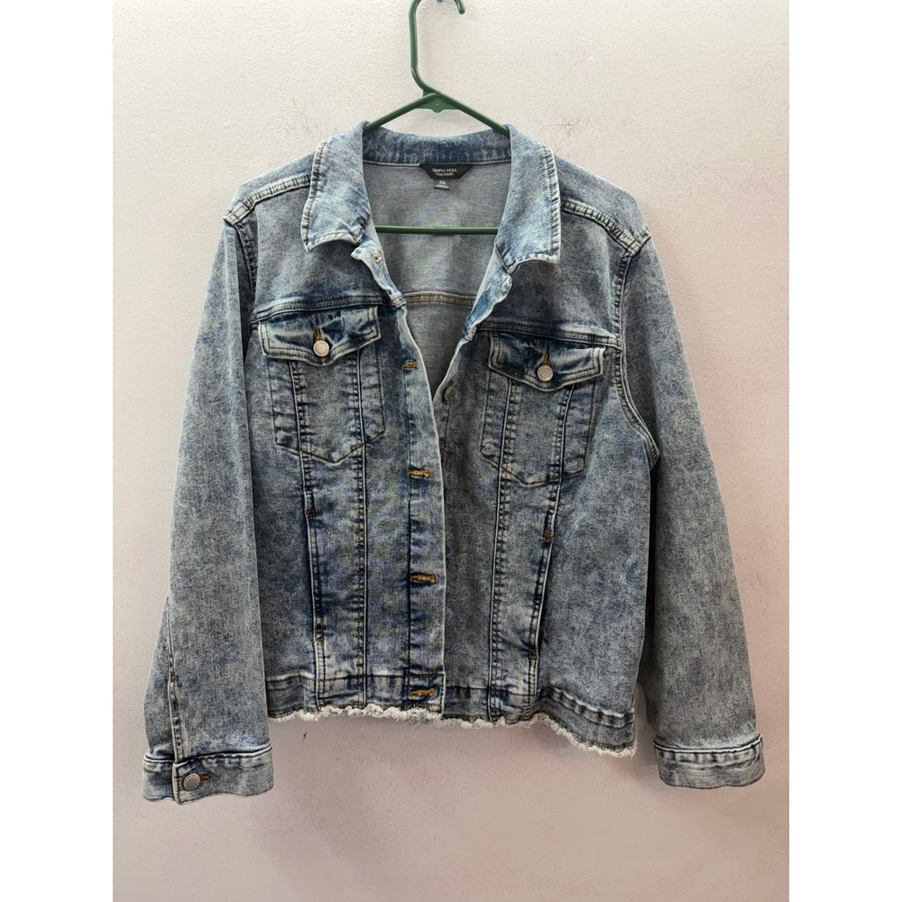 Simply Vera Vera Wang Women's Acid Wash Denim Jacket Raw Hem Blue XXL